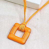 Art glass pendant necklace, 'Tangerine Square' - Handmade Fused Art Glass Square Pendant Necklace in Orange