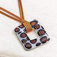 Art glass pendant necklace, 'Animal Print Square' - Animal Print-Themed Fused Art Glass Square Pendant Necklace