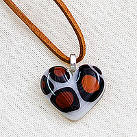 Art glass pendant necklace, 'My Exotic Love' - Fused Art Glass Heart Animal Print-Themed Pendant Necklace