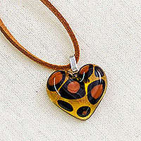 Art glass pendant necklace, 'My Intriguing Love' - Heart-Shaped Animal Print-Themed Art Glass Pendant Necklace