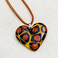 Art glass pendant necklace, 'My Flamboyant Love' - Art Glass Pendant Necklace with Animal Print and Heart Motif