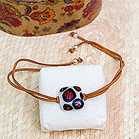 Art glass pendant bracelet, 'Animal Print Square' - Animal Print-Themed Square Fused Art Glass Pendant Bracelet