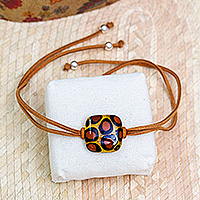 Art glass pendant bracelet, 'Exotic Animal Print Square' - Fused Art Glass Bracelet with Animal Print Square Pendant