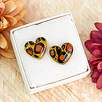 Art glass button earrings, 'My Intriguing Love' - Art Glass Button Earrings with Animal Print and Heart Motif