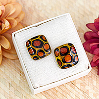 Art glass button earrings, 'Exotic Animal Print Square' - Modern Fused Art Glass Animal Print Square Button Earrings