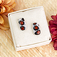 Art glass button earrings, 'Animal Print Geometry' - Animal Print-Themed Rectangular Art Glass Button Earrings