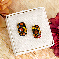 Art glass button earrings, 'Exotic Animal Print Geometry' - Animal Print Rectangular Fused Art Glass Button Earrings