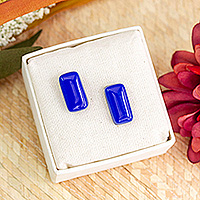 Art glass button earrings, 'Lapis Geometry' - Modern Fused Art Glass Rectangular Button Earrings in Blue