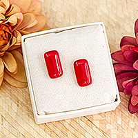 Art glass button earrings, 'Crimson Geometry' - Handmade Rectangular Fused Art Glass Button Earrings in Red