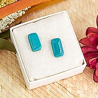 Art glass button earrings, 'Teal Geometry' - Teal Modern Handmade Art Glass Rectangular Button Earrings