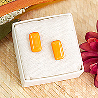 Art glass button earrings, 'Tangerine Geometry' - Orange Rectangular Art Glass Button Earrings from Mexico