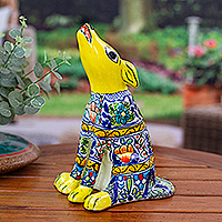 Ceramic sculpture, 'Yellow Talavera Coyote' - Hand-Painted Talavera Style Yellow Ceramic Coyote Sculpture