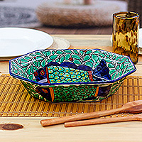 Ceramic serving bowl, 'Fish Fiesta' - Talavera Style Hand-Painted Fish-Themed Ceramic Serving Bowl