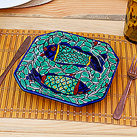 Ceramic platter, 'Fish Fiesta' (small) - Mexican Talavera-Style Ceramic Fish-Themed Serving Plate