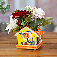 Ceramic mini flower pot, 'House in Nature' - Hand-Painted House-Shaped Ceramic Mini Planter with Saucer