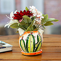 Ceramic mini flower pot, 'Cactus Splendor' - Coffee Pot-Shaped Ceramic Cactus Mini Planter with Saucer