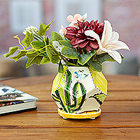 Ceramic mini flower pot, 'Cactus Geometry' - Hexagonal Cactus-Themed Ceramic Mini Planter with Saucer