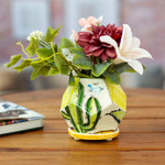Ceramic mini flower pot, 'Cactus Geometry' - Hexagonal Cactus-Themed Ceramic Mini Planter with Saucer