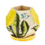 Ceramic mini flower pot, 'Cactus Geometry' - Hexagonal Cactus-Themed Ceramic Mini Planter with Saucer