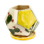 Ceramic mini flower pot, 'Cactus Geometry' - Hexagonal Cactus-Themed Ceramic Mini Planter with Saucer