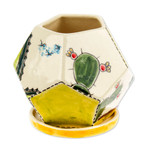 Ceramic mini flower pot, 'Cactus Geometry' - Hexagonal Cactus-Themed Ceramic Mini Planter with Saucer