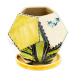 Ceramic mini flower pot, 'Cactus Geometry' - Hexagonal Cactus-Themed Ceramic Mini Planter with Saucer