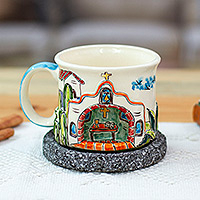 Ceramic and basalt decorative cup and saucer, 'Mexican Church' - Church-Themed Ceramic Decorative Cup with Basalt Saucer