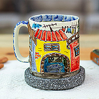 Ceramic and basalt decorative mug and saucer, 'Mexican Houses' - Ceramic Mexican Houses Decorative Mug with Basalt Saucer