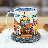 Ceramic and basalt decorative mug and saucer, 'Mexican Cathedral' - Ceramic Mexican Church Decorative Mug with Basalt Saucer