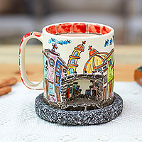 Ceramic and basalt decorative mug and saucer, 'Mexican Street' - Mexican Street Ceramic Decorative Mug with Basalt Saucer