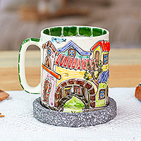 Ceramic and basalt decorative mug and saucer, 'Mexican Corner' - Mexican Town Ceramic Decorative Mug with Basalt Saucer