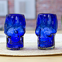 Handblown recycled glass tumblers, Blue Mexican Skull (pair)