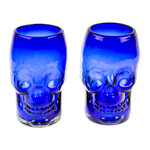 Handblown recycled glass tumblers, 'Blue Mexican Skull' (pair) - Two Blue Skull-Themed Handblown Recycled Glass Tumblers