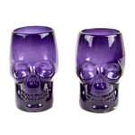 Handblown recycled glass tumblers, 'Purple Mexican Skull' (pair) - 2 Purple Handblown Recycled Glass Tumblers with Skull Motif