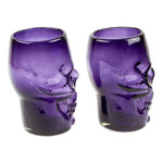 Handblown recycled glass tumblers, 'Purple Mexican Skull' (pair) - 2 Purple Handblown Recycled Glass Tumblers with Skull Motif