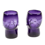 Handblown recycled glass tumblers, 'Purple Mexican Skull' (pair) - 2 Purple Handblown Recycled Glass Tumblers with Skull Motif
