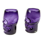 Handblown recycled glass tumblers, 'Purple Mexican Skull' (pair) - 2 Purple Handblown Recycled Glass Tumblers with Skull Motif