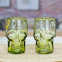 Handblown recycled glass tumblers, 'Green Mexican Skull' (pair) - Two Handblown Recycled Glass Skull Tumblers in Lime Green