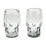 Handblown recycled glass tumblers, 'Mexican Skull' (pair) - Pair of Handblown Recycled Glass Tumblers with Skull Motif