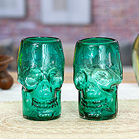 Handblown recycled glass tumblers, 'Mint Mexican Skull' (pair) - 2 Mint Green-Hued Handblown Recycled Glass Skull Tumblers