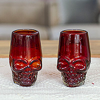 Handblown recycled glass tequila glasses, Red Mexican Skull (pair)