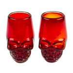 Handblown recycled glass tequila glasses, 'Red Mexican Skull' (pair) - 2 Red Skull-Themed Handblown Recycled Glass Tequila Glasses