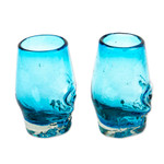 Handblown recycled glass tequila glasses, 'Aqua Mexican Skull' (pair) - 2 Aqua-Hued Handblown Recycled Glass Skull Tequila Glasses