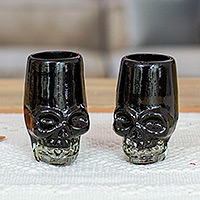 Handblown recycled glass tequila glasses, 'Black Mexican Skull' (pair) - 2 Handblown Recycled Glass Black Skull Tequila Glasses