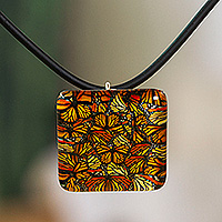 Decoupage pendant necklace, 'Magical Monarch' - Decoupage on Glass Monarch Butterfly Pendant Necklace