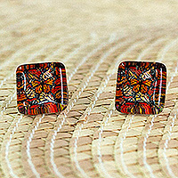 Decoupage stud earrings, 'Magical Monarch' - Monarch Butterfly-Themed Decoupage on Glass Stud Earrings