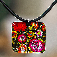 Decoupage pendant necklace, 'Oaxacan Garden' - Decoupage on Glass Floral Oaxaca Embroidery Pendant Necklace