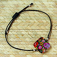 Decoupage pendant bracelet, 'Oaxacan Garden' - Floral Oaxaca Embroidery-Themed Decoupage on Glass Bracelet