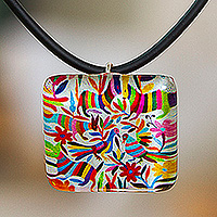 Decoupage pendant necklace, 'Otomi Embroidery' - Decoupage on Glass Otomi Tenango Embroidery Pendant Necklace