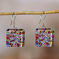 Decoupage dangle earrings, 'Otomi Embroidery' - Decoupage on Glass Otomi Tenango Embroidery Dangle Earrings